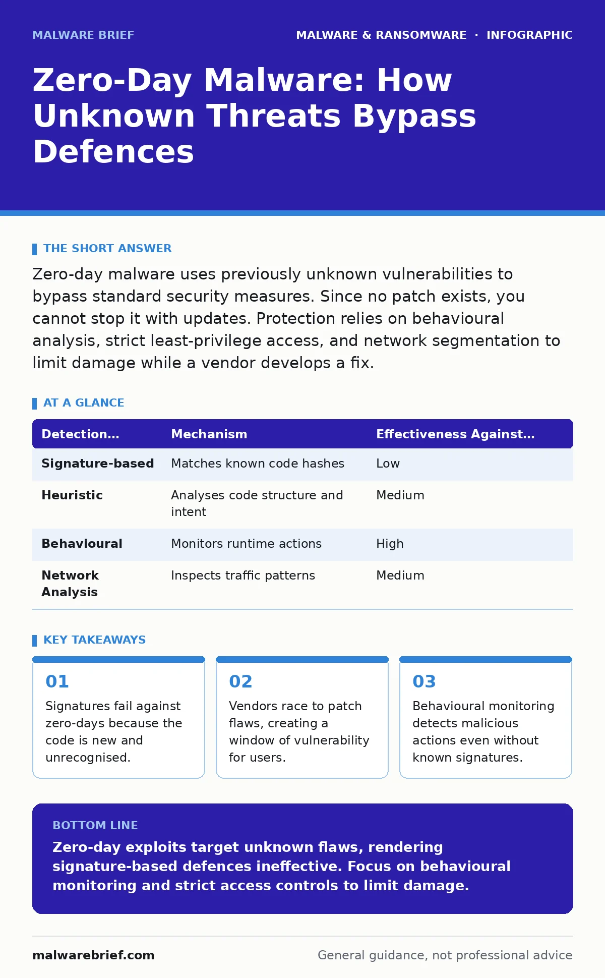 Infographic: Zero-Day Malware: How Unknown Threats Bypass Defences. Signatures fail against zero-days because the code is new and unrecognised. Vendors race to patch flaws, creating a window of vulnerability for users. Behavioural monitoring detects malicious actions even without known signatures.