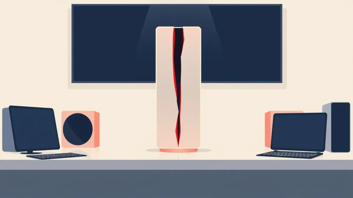 Illustration: A sleek cloud storage tower sits isolated on a sterile white desk, its smooth surface reflecting cold light.