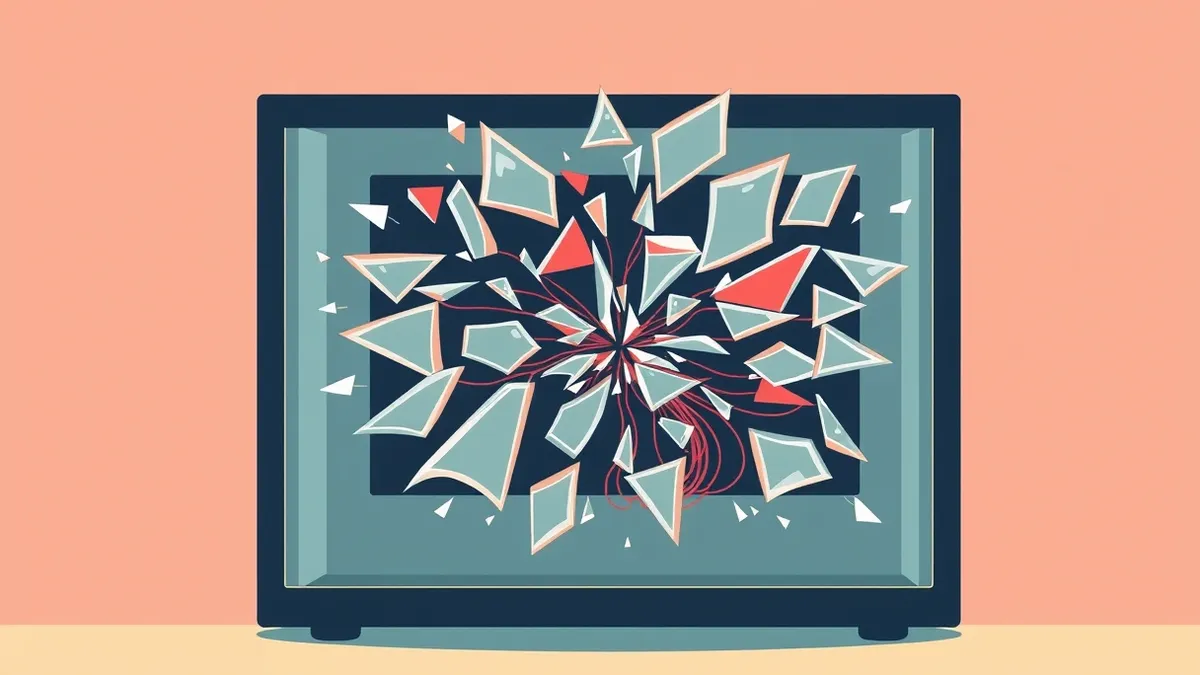 Illustration: A tangled web of sharp, jagged glass shards bursts violently through the thin, translucent shell of a fragile server housing unit.