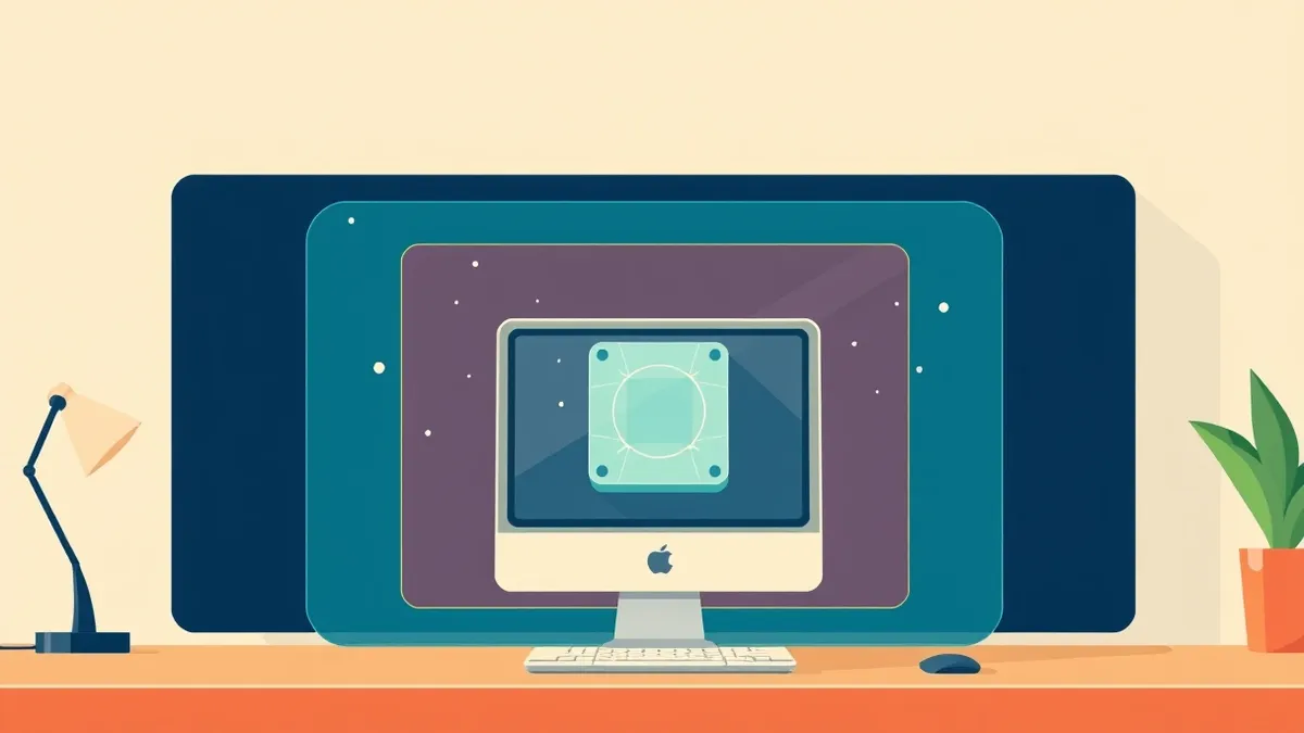 Illustration: A small desktop computer sits on a wooden desk, surrounded by three concentric, translucent geometric shields in soft blue and green hues.