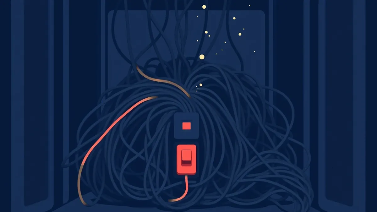 Illustration: A tangled mass of thick black cables sits in a dark server room, with a single red switch flipped down to cut power.