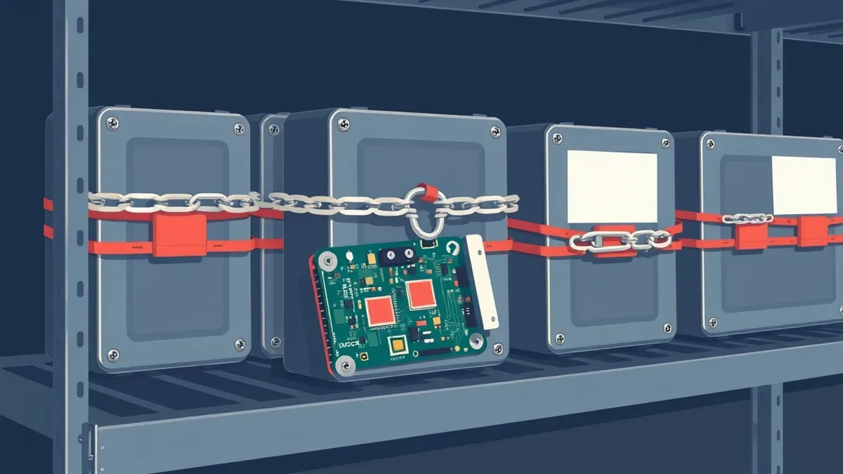 Illustration: A row of sealed, grey storage drives sits on a metal shelf, each wrapped in thick, unbreakable chains that lock the casing shut.