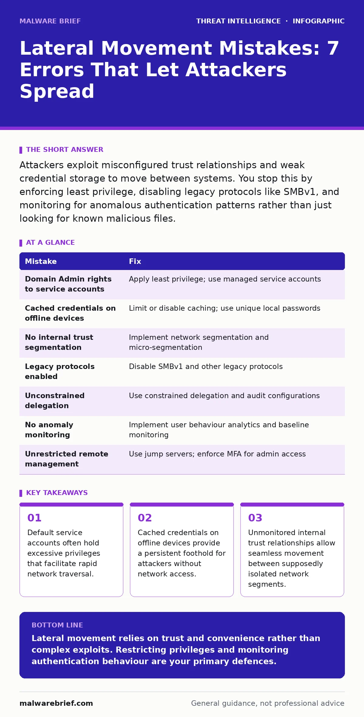 Infographic: Lateral Movement Mistakes: 7 Errors That Let Attackers Spread. Default service accounts often hold excessive privileges that facilitate rapid network traversal. Cached credentials on offline devices provide a persistent foothold for attackers without network access. Unmonitored internal