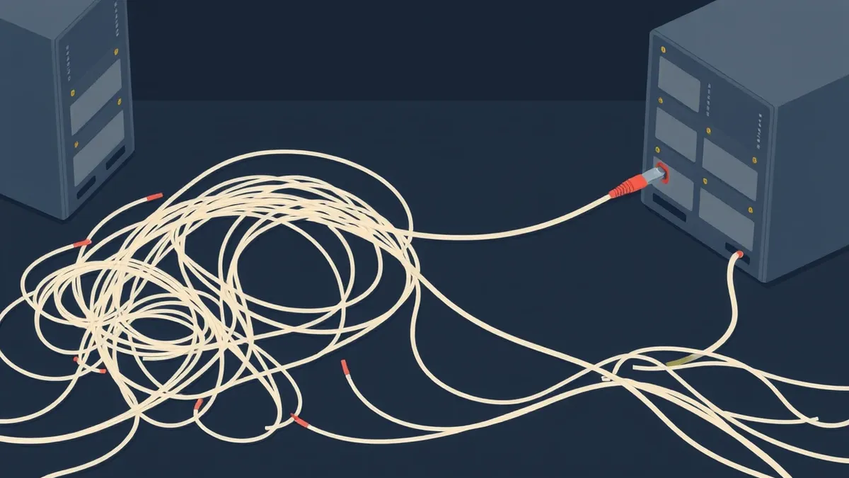Illustration: A tangled knot of grey ethernet cables sprawls across a dark floor, connecting several identical, blank server blades.
