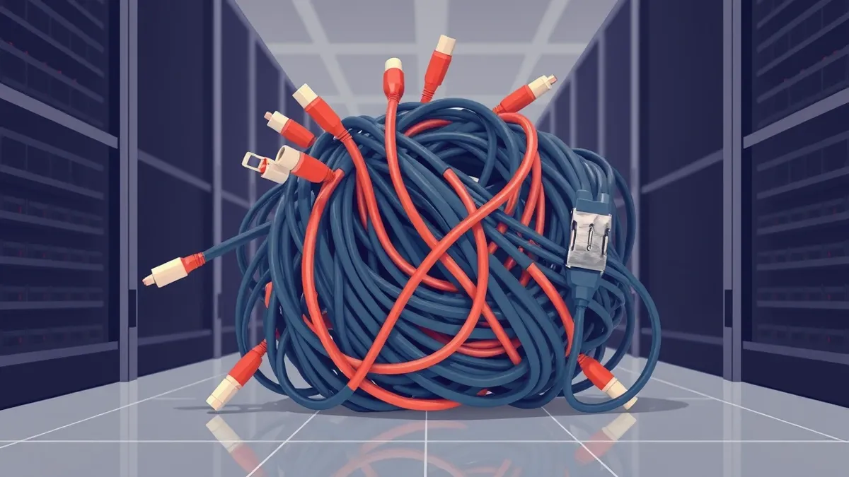 Illustration: A massive tangled knot of thick digital cables rests on a clean server floor.