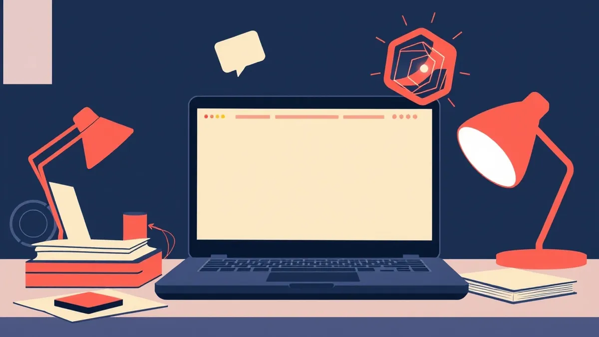 Illustration: A sleek black laptop sits on a cluttered desk, its screen displaying a blank browser window.