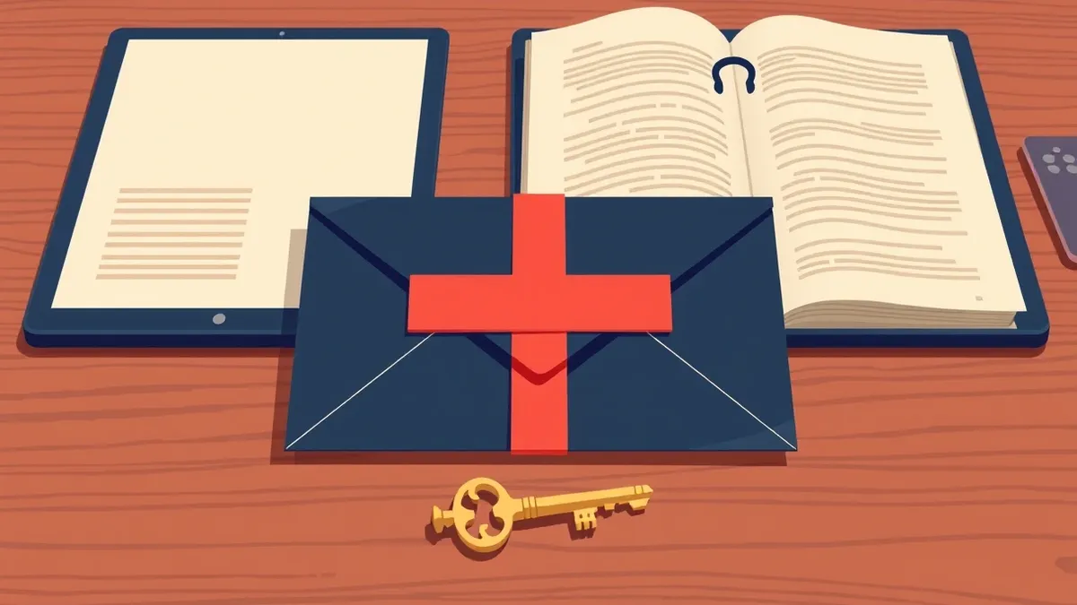 Illustration: A sealed envelope rests on a wooden desk, its flap closed tight with a strip of red tape running across the center.