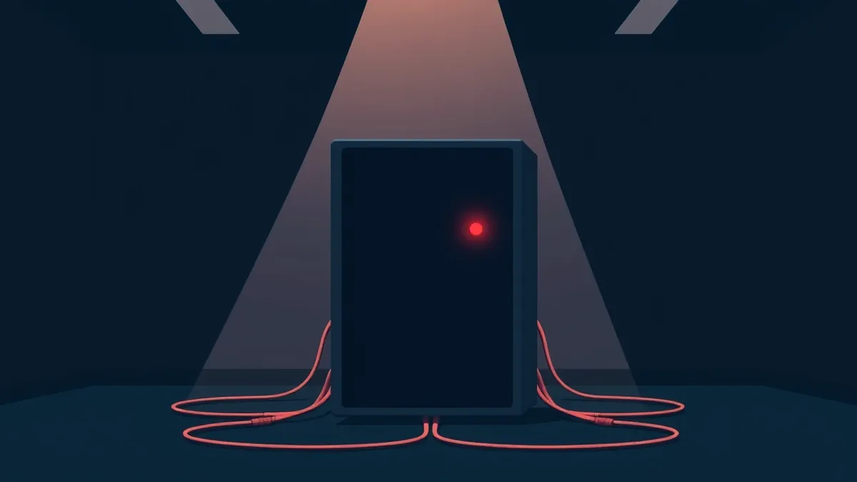 Illustration: A sleek black server sits isolated in a dimly lit room, its front panel displaying a single, pulsing red light that contradicts the green status indicators on the sur