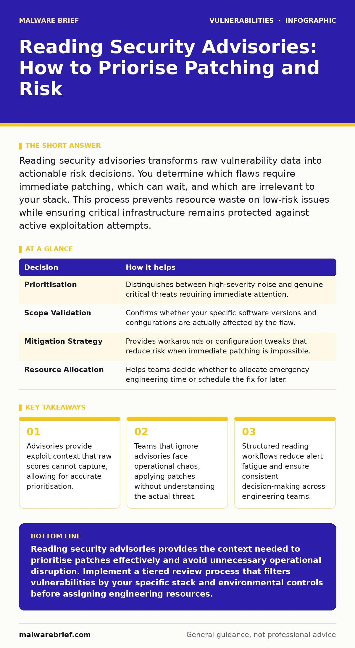 Infographic: Reading Security Advisories: How to Priorise Patching and Risk. Advisories provide exploit context that raw scores cannot capture, allowing for accurate prioritisation. Teams that ignore advisories face operational chaos, applying patches without understanding the actual threat. Structu