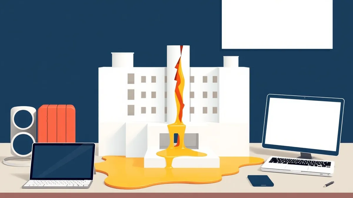 Illustration: A clean white architectural model sits on a desk, its central pillar cracked and oozing bright yellow fluid that stains the surrounding floor.