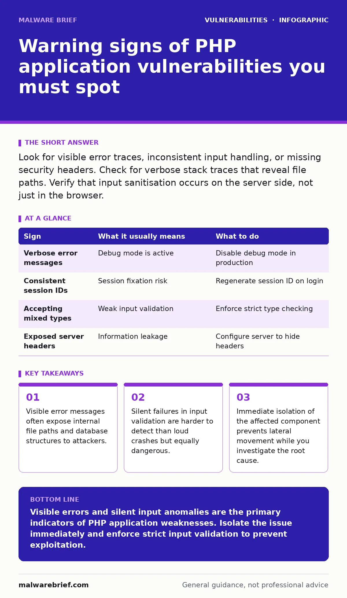 Infographic: Warning signs of PHP application vulnerabilities you must spot. Visible error messages often expose internal file paths and database structures to attackers. Silent failures in input validation are harder to detect than loud crashes but equally dangerous. Immediate isolation of the affe