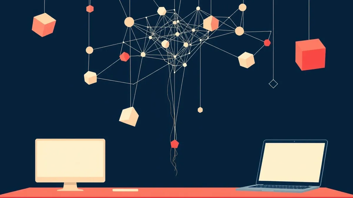 Illustration: A tangled web of abstract geometric shapes hangs suspended in midair, representing fragile digital connections.