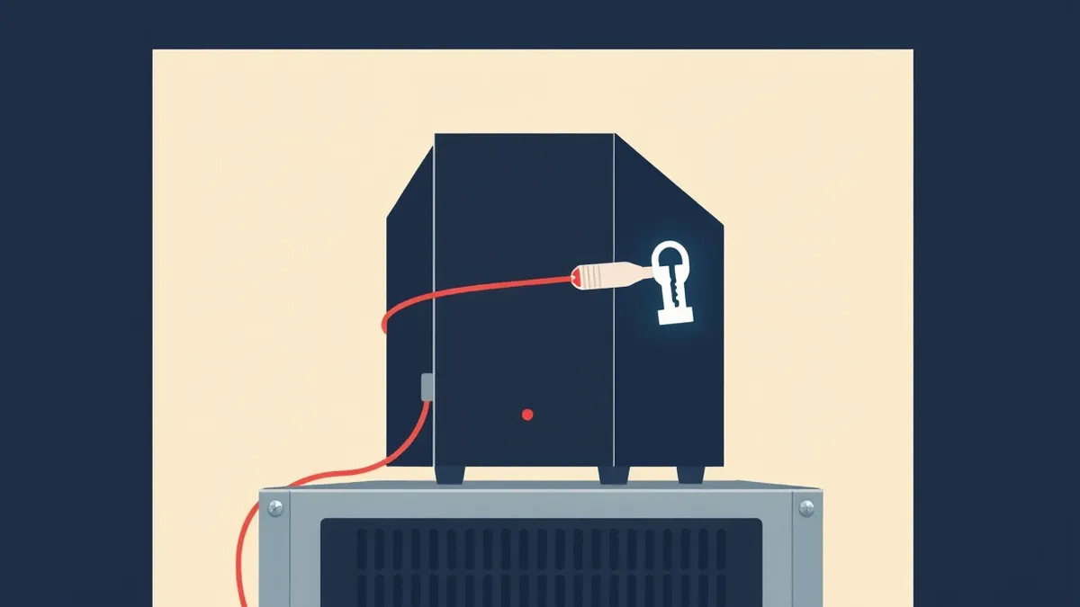 Illustration: A sleek black server appliance sits on a metal rack with a single red warning light blinking urgently.