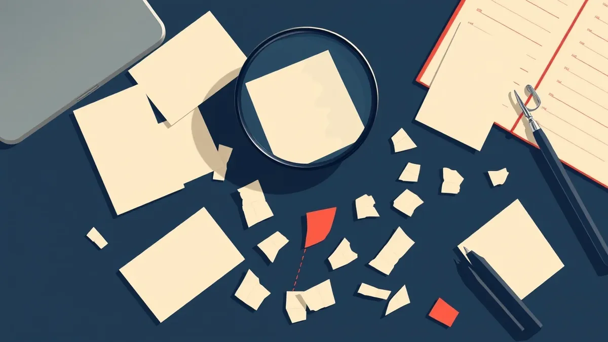 Illustration: A clean desk holds several scattered, blank plastic identity cards and torn paper fragments.