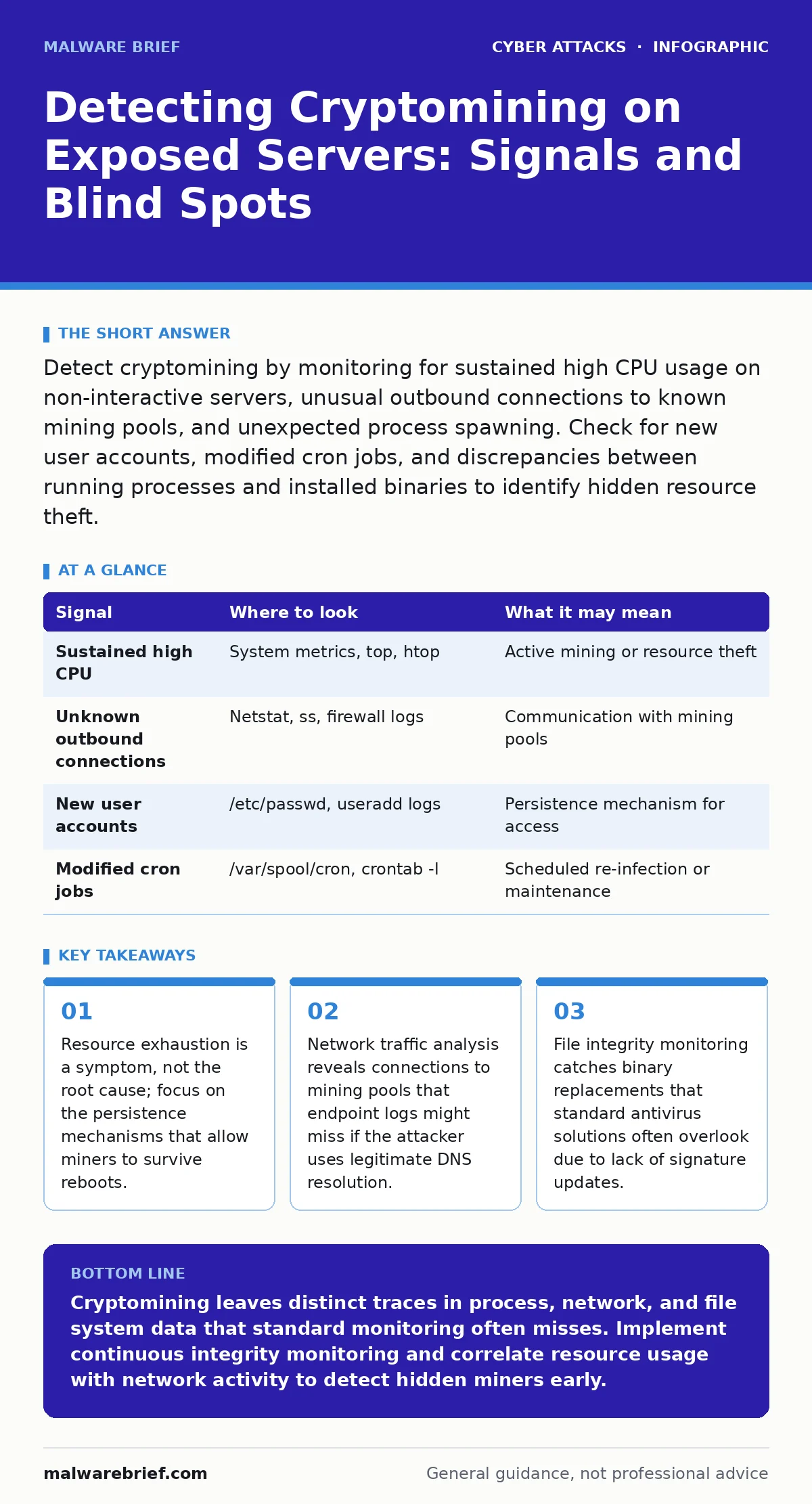 Infographic: Detecting Cryptomining on Exposed Servers: Signals and Blind Spots. Resource exhaustion is a symptom, not the root cause; focus on the persistence mechanisms that allow miners to survive reboots. Network traffic analysis reveals connections to mining pools that endpoint logs might miss
