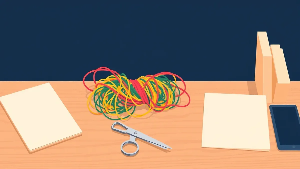 Illustration: A tangled knot of colorful spaghetti strands sits loosely on a clean wooden desk, symbolizing the chaotic mess of untrusted data.
