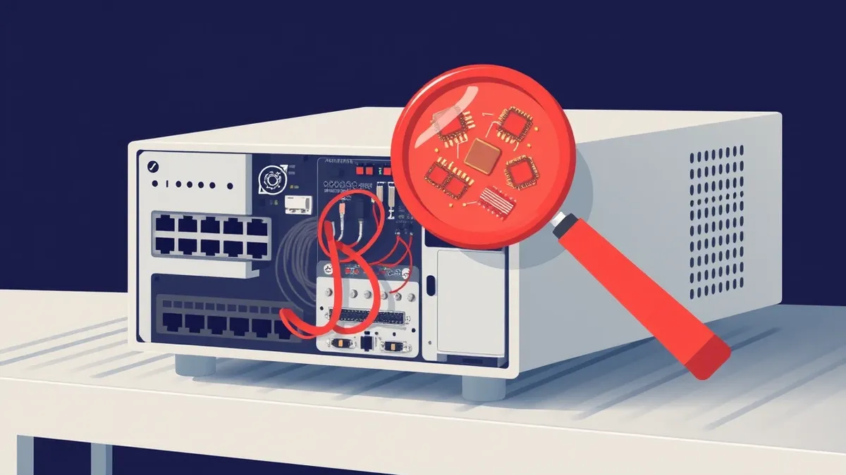 Illustration: A silver network appliance sits on a metal shelf with its side panel removed to expose complex circuit boards and tangled cables.
