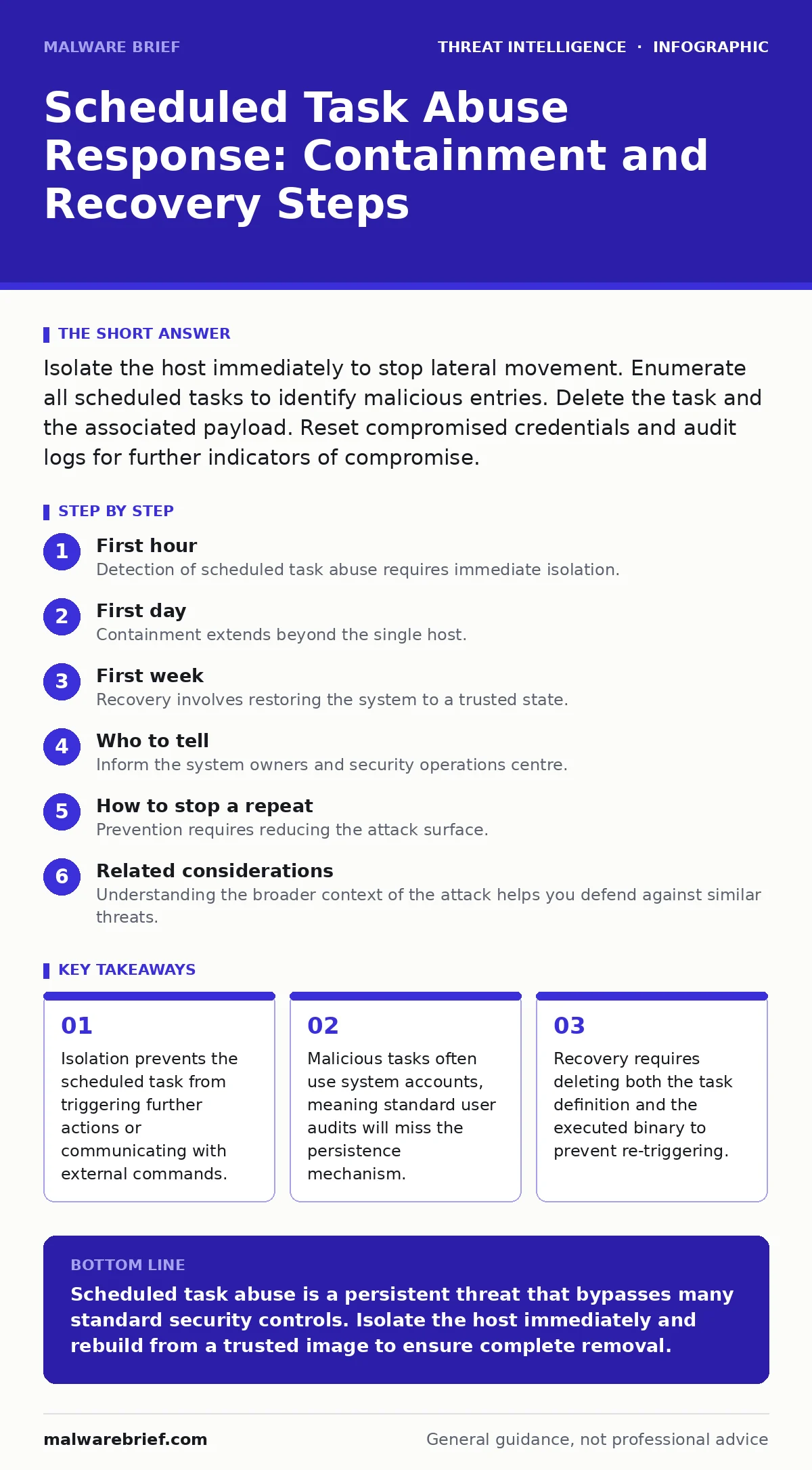 Infographic: Scheduled Task Abuse Response: Containment and Recovery Steps. Isolation prevents the scheduled task from triggering further actions or communicating with external commands. Malicious tasks often use system accounts, meaning standard user audits will miss the persistence mechanism. Reco