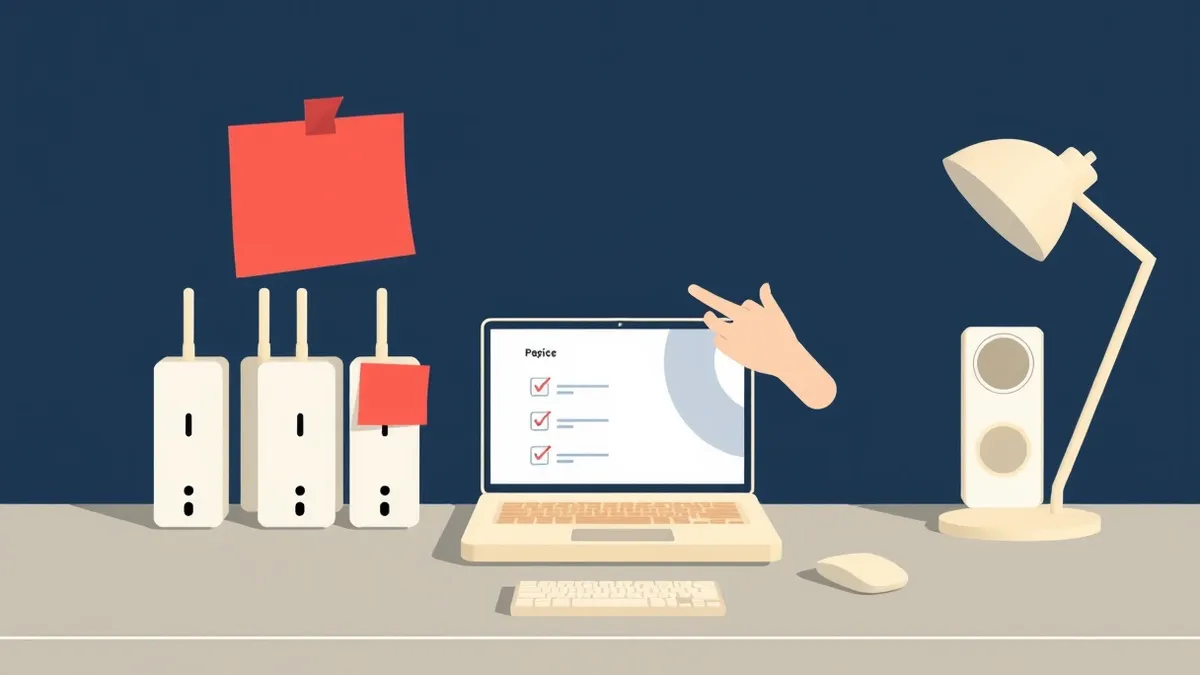 Illustration: A small desk holds a row of identical white network routers and a single open laptop displaying a blank dashboard with abstract progress bars.