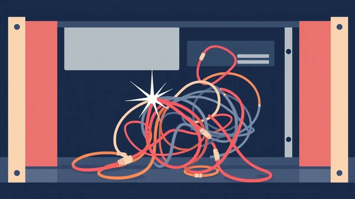 Illustration: A tangled web of loose network cables spills from an open server chassis, with one frayed wire sparking faintly against the metal casing to represent the critical sec