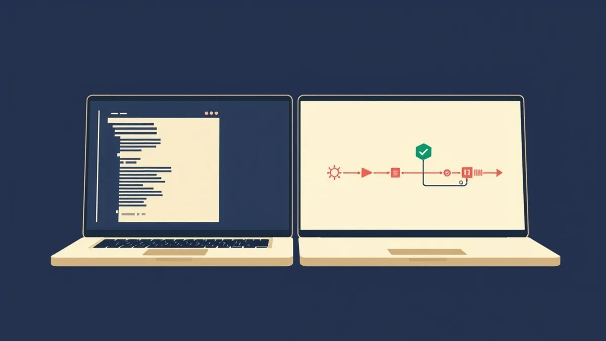 Illustration: An open laptop displays a blank code editor window on the left and a clean pipeline diagram on the right.
